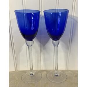 Vintage Hand Blown Cobalt Blue w Clear Stem Wine Glasses Replacement Collectible